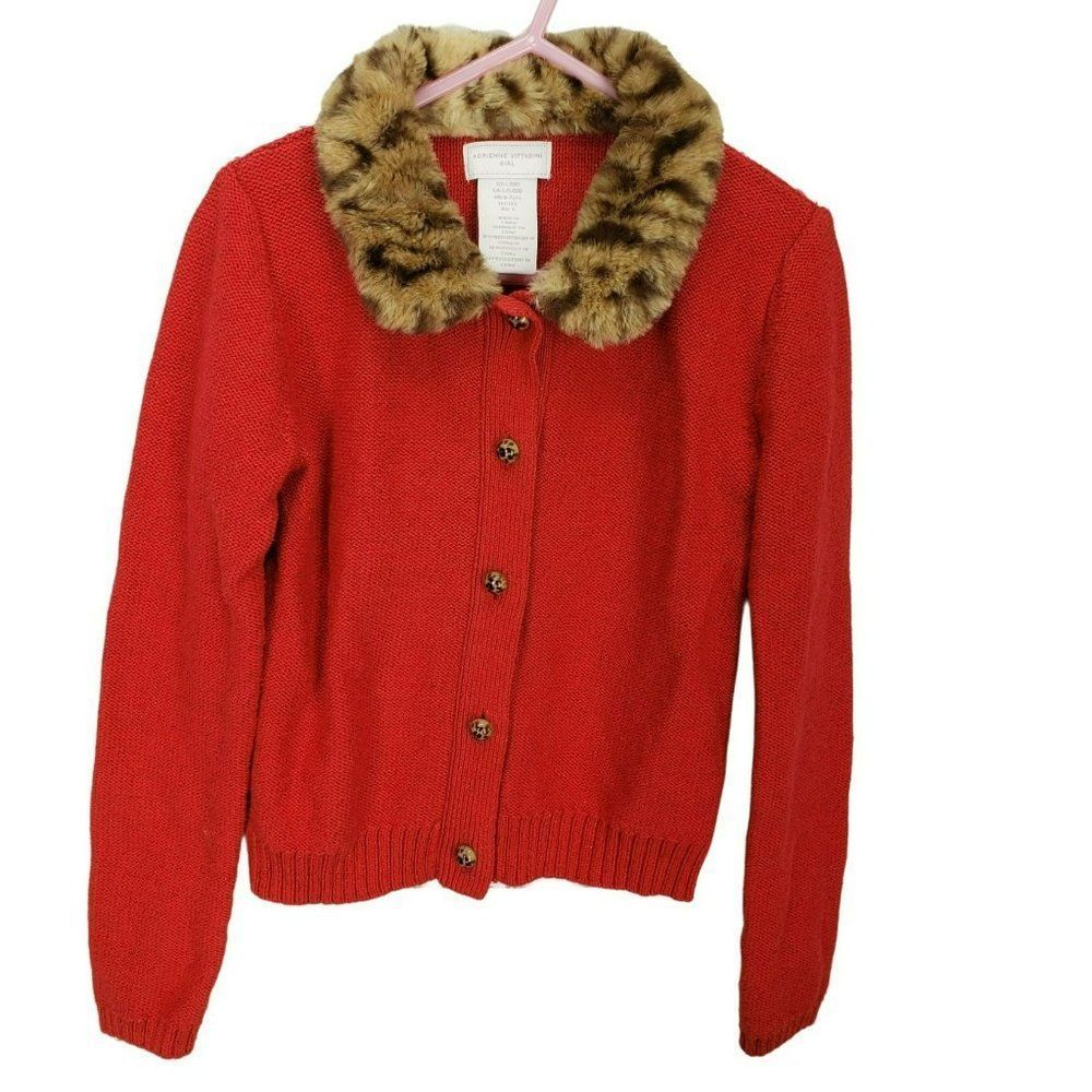 Adrienne Vittadini Girls Red Fur Collar Leopard Button Down Sweater Large 6X